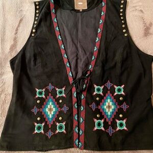 Beaded Suede Black Vest, Size 1X